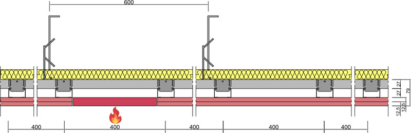 DORI-FIRE CEILING EI15/priešgaisrinės revizinės durelės pakabinamoms luboms DORI-FIRE™ CEILING 25 mm montavimo lubose pavyzdys